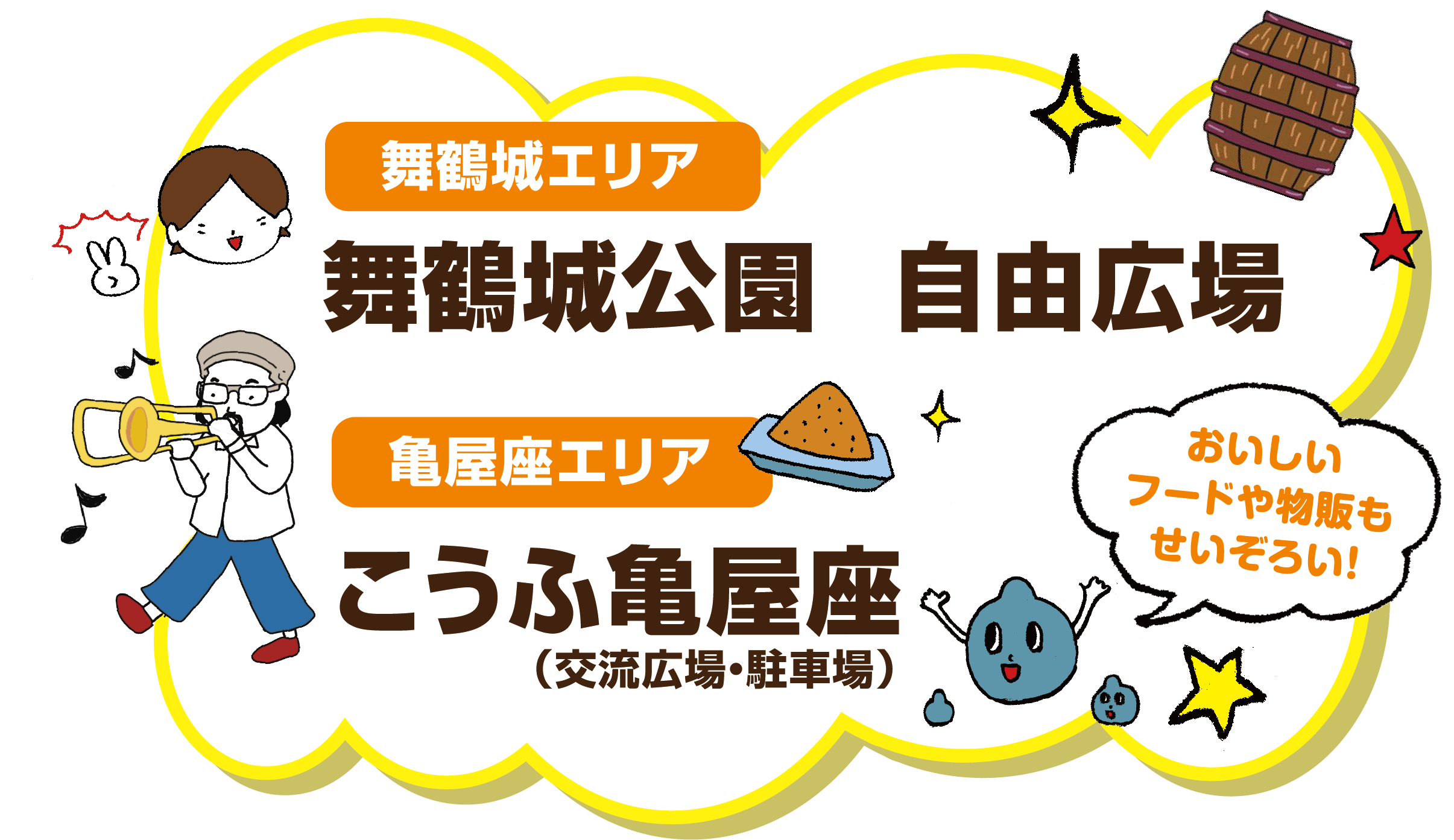 舞鶴城エリア：舞鶴城公園 自由広場／亀屋座エリア：こうふ亀屋座（交流広場・駐車場）